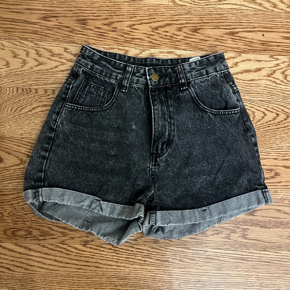 Black Denim Shorts High Waisted Cuffed Xsmall